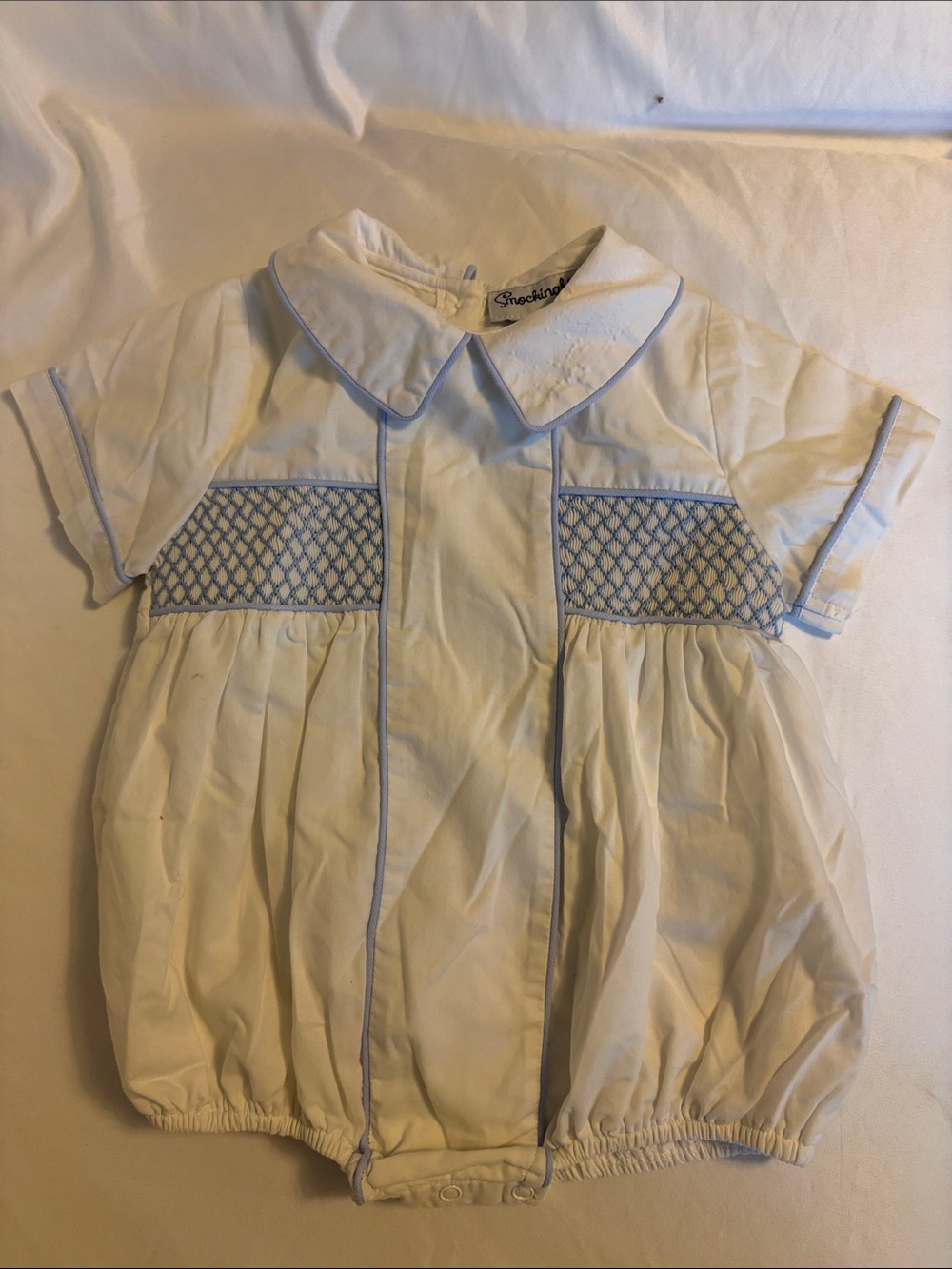 Classic White Baby Bubble Romper with Baby Blue Smocking - Brookhaven